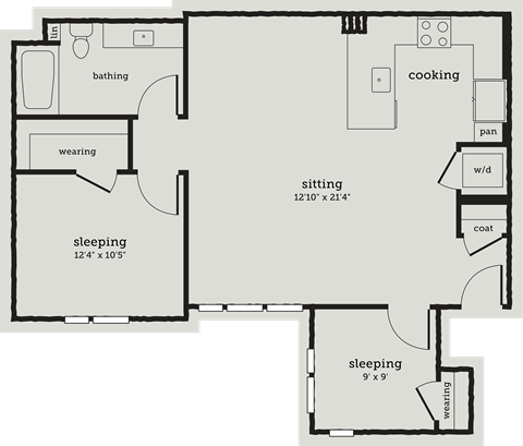 a floor plan of a bedroom apartment with a living room and a dining room